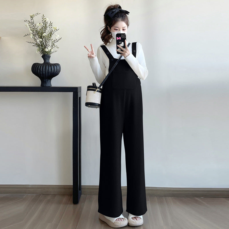 Real shot fleece-lined pregnancy fashion autumn and winter pregnant women's suspenders fleece-lined thickened plus size pregnant women's suit wide leg pants