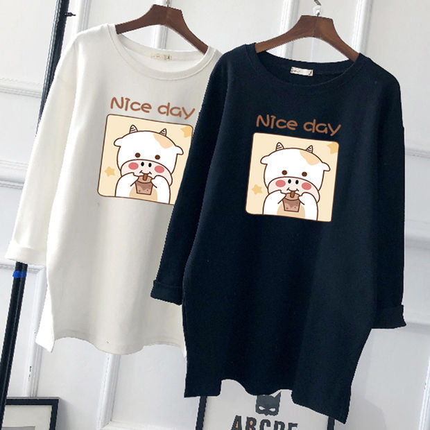 Pregnant Women's Autumn Cotton Top Mid-length Long-sleeved Loose Korean Fashion Trendy Mom's Pregnancy T-shirt Winter Base Shirt