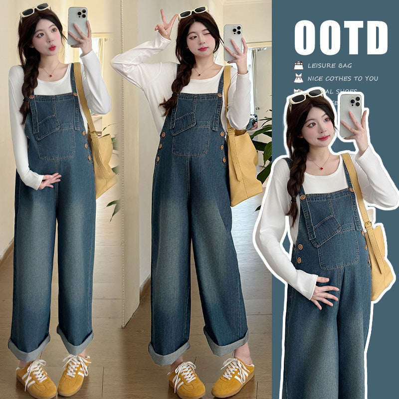 Pregnant women spring 2025 spring new Korean casual pregnant women Denim suspenders modal T suit two-piece set