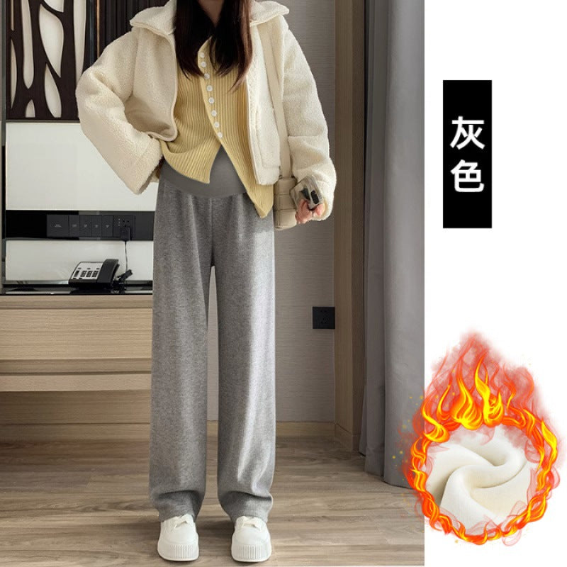 Maternity clothes 2024 autumn and winter New Korean style fashionable cashmere stripe fleece-lined thickened belly support wide-leg pants for pregnant women