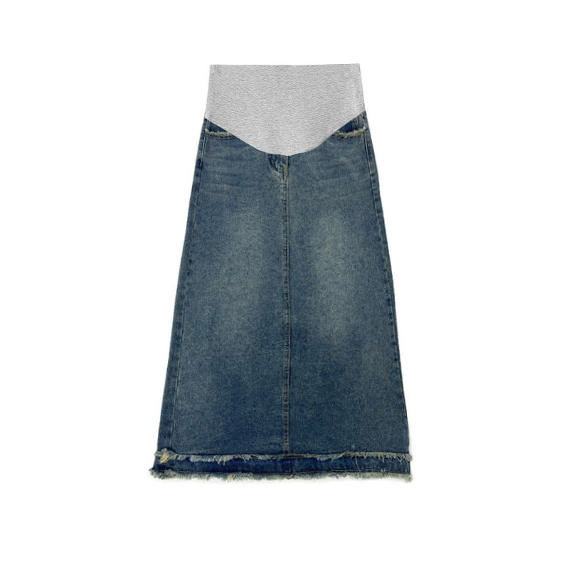 Pregnant women's frayed skirt Denim women's spring and summer high waist pear-shaped mid-length A- line skirt long skirt