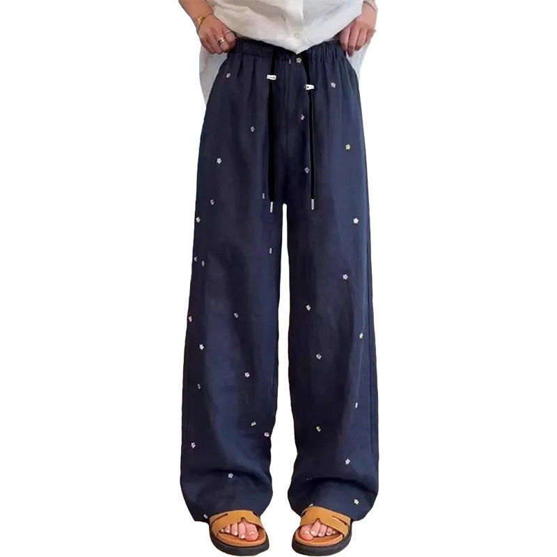 Maternity Pants with Floral Embroidery, Casual Linen Wide-Leg Pants, 2025 Summer New Loose Slimming Versatile Straight Maternity Pants