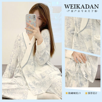 Lunar Clothing Spring and Autumn Cotton Postpartum Lactation Adjustable Delivery Room Pregnant Women Pajamas Loose Maternal Feeding Wear