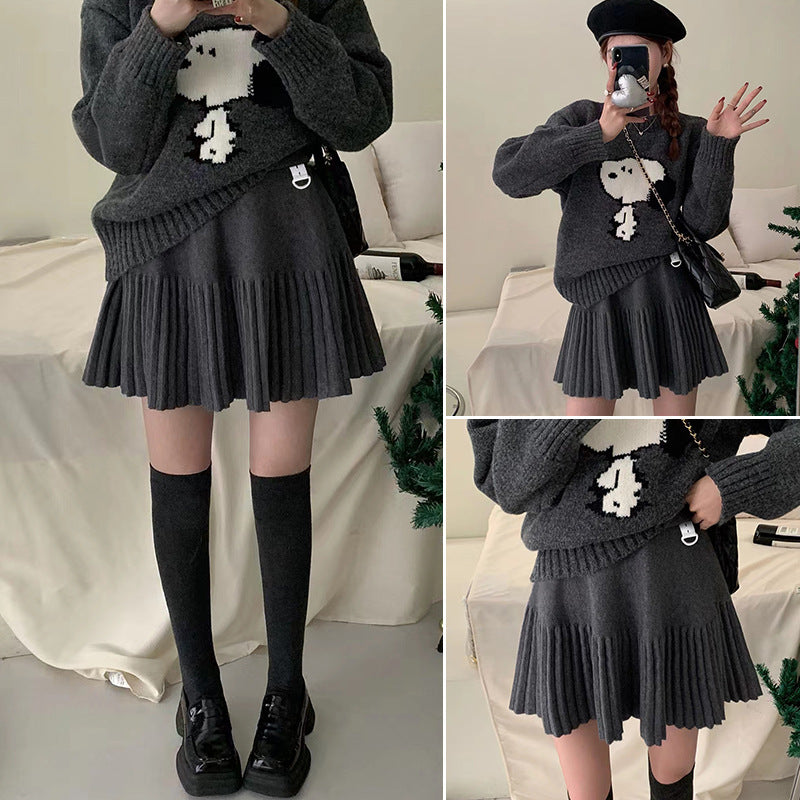 Pregnant Women's Autumn and Winter New Knitted Skirt Casual Slimming Pleated A- line Skirt Simple