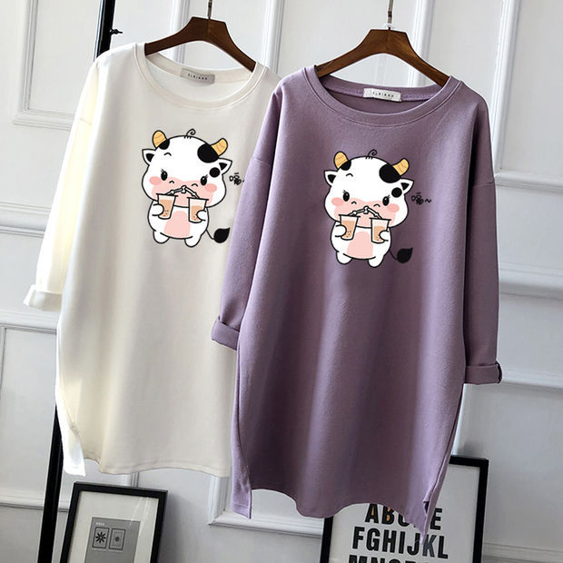 Pregnant Women's Autumn Cotton Top Mid-length Long-sleeved Loose Korean Fashion Trendy Mom's Pregnancy T-shirt Winter Base Shirt