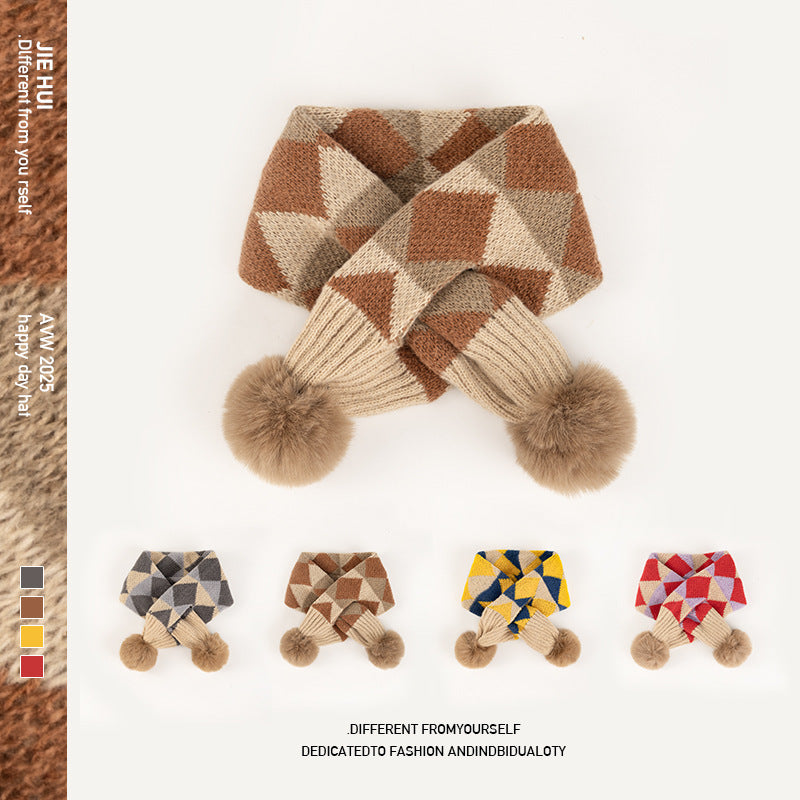 Plaid Retro Kidsren's Scarf Knitted Fur Ball Cross Scarf Autumn and Winter Warm and Cute Soft Windproof Scarf for Boys and Girls