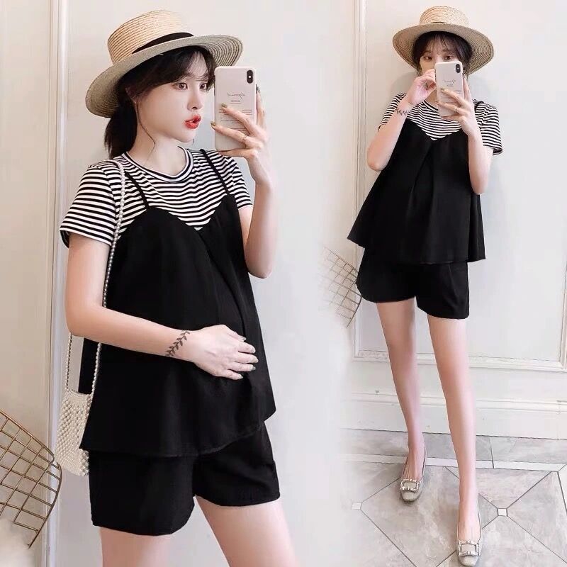 Maternity 2023 Summer Maternity Fake Three-piece Striped Short-sleeved T-shirt Top Abdominal Pants Shorts Two-piece Set