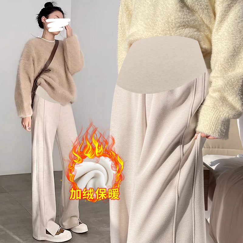 Pregnant Women's Trousers Herringbone Pattern Woolen Belly Narrow Wide-leg Pants Lazy Casual Glutinous Rice Pants Trousers Pregnant Women's Wear