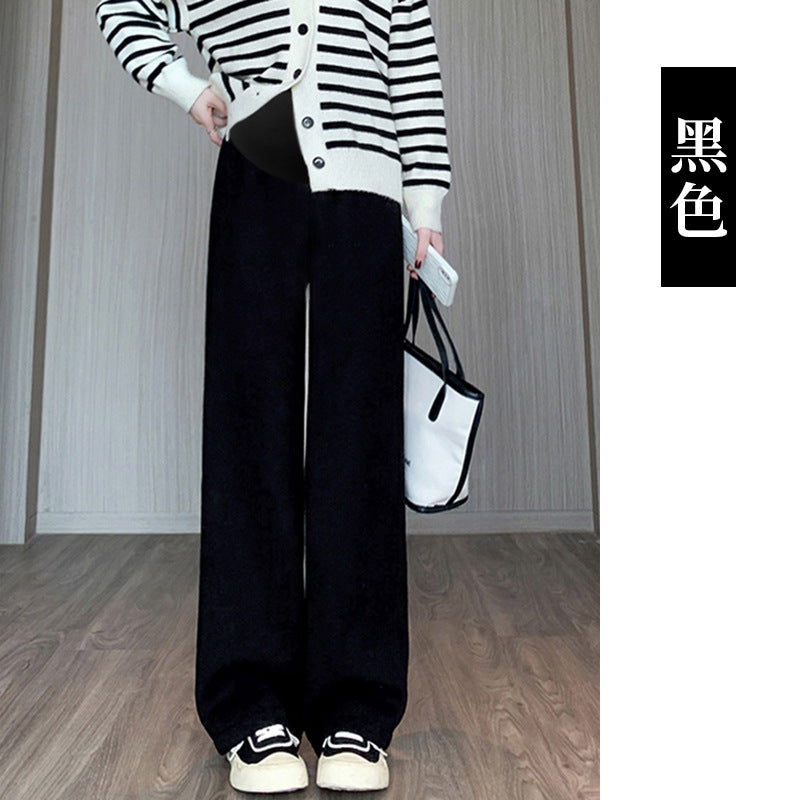 Pregnant women's cashmere striped new wide-leg pants chenille autumn and winter drape fleece-lined straight mop pants trousers