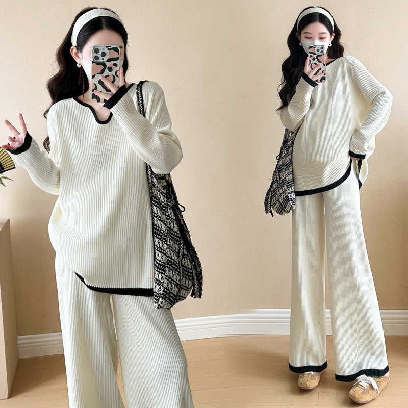 Spring 2025 New Pregnant Mother plus size V-neck Contrast Color Stitching Knitted Lazy Elegant Fashion Loose suit