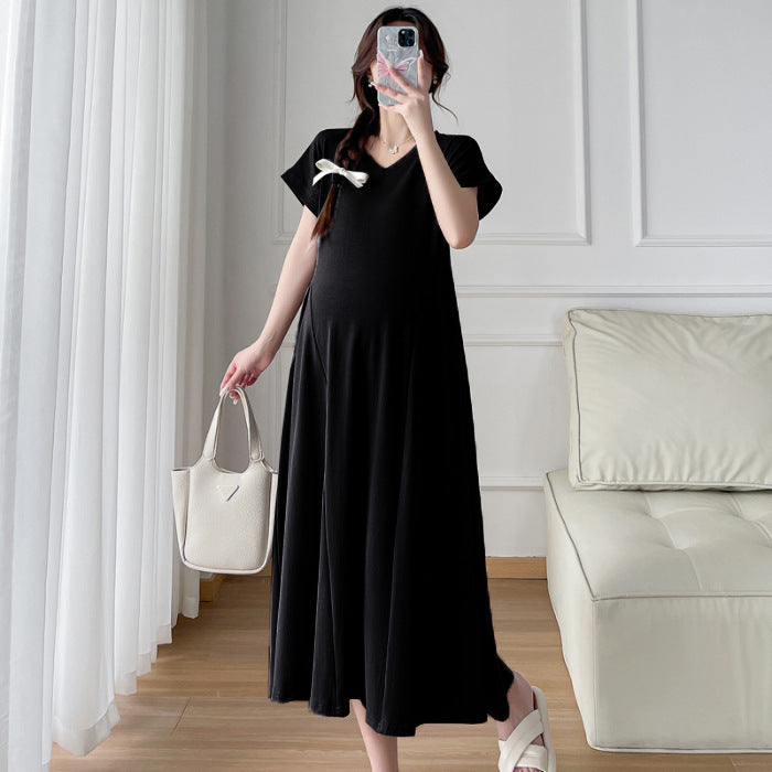 Pregnant Women's Summer Fashion Design Feeling Temperament Waist Slimming Belly Covering Pregnant Women's dress New Korean Style Pregnant Women's Dress