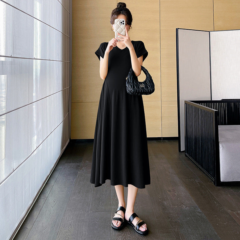 dress Maternity Summer Women's Online Celebrity V-neck Fashionable Temperament Girdle Slimming Belly Covering A- line dress Maternity