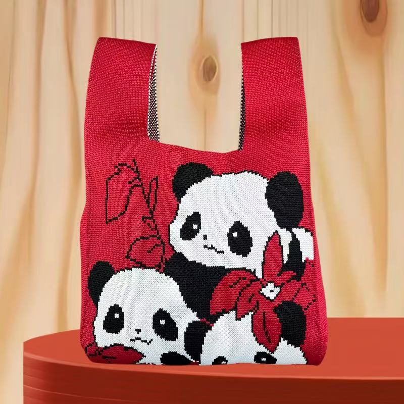 Panda New Knitted Bag Women's Handbag Wide Hand Gift Back Gift Bag Cute Panda Knitted Bag Hand Gift