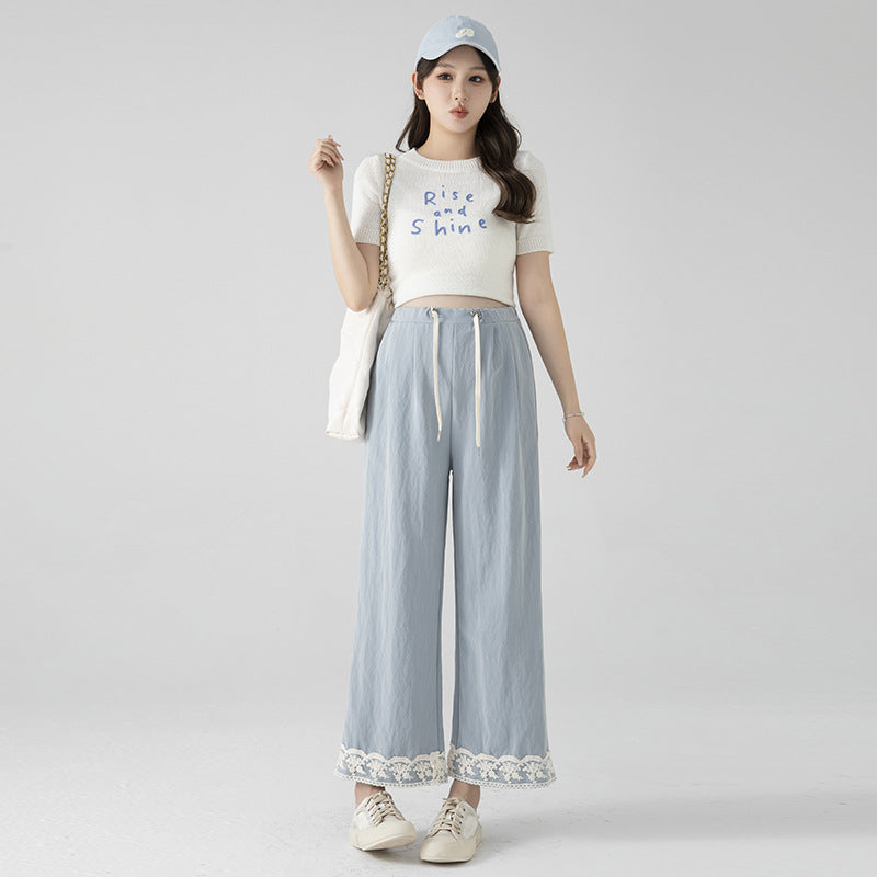 2025 Pregnant Women's Imitation Denim Tencel Lace Casual Dipper High-grade Nine-point Wide-leg Pants
