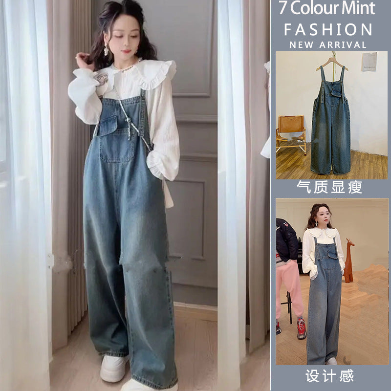 Fashion Maternity New Multi-Pocket Adjustable Pregnant Women's Denim Strappers Lace Doll Collar Shirt Set