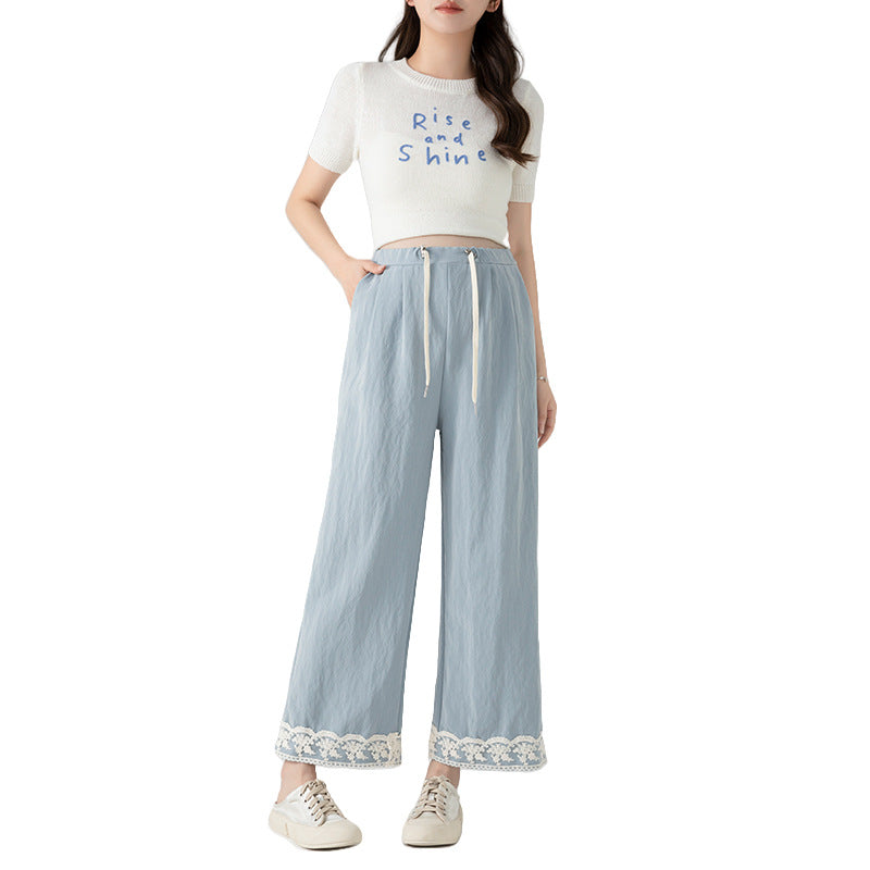2025 Pregnant Women's Imitation Denim Tencel Lace Casual Dipper High-grade Nine-point Wide-leg Pants