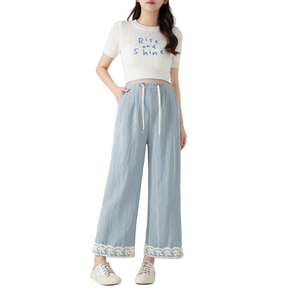 2025 Pregnant Women's Imitation Denim Tencel Lace Casual Dipper High-grade Nine-point Wide-leg Pants