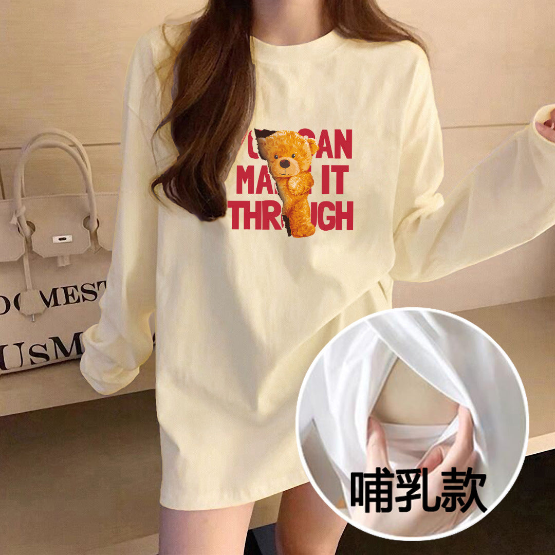 Pregnant Women's Breastfeeding Clothing Autumn and Winter Long Sleeve Mid-length Korean Style Loose plus size Base Shirt Nursing Clothing Outer Wear T-shirt for Women