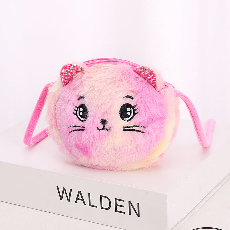 Children's Cat Plush Crossbody Bag Girl's Heart Cute All-match Cartoon Shoulder Crossbody Bag Double Zipper Coin Purse