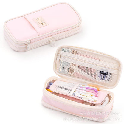 Solid Color Large-Capacity Pencil Bag for Men and Women Multi-Layer Junior High School and High School Simple Primary School Pencil Bag Stationery Box High-Value Wholesale