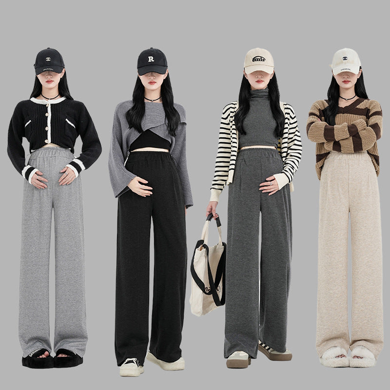 Pregnant women's pants autumn and winter new fleece-lined wide leg pants side drawstring before and after pregnancy can wear pants