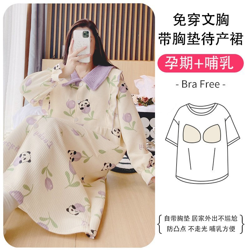 Lunar Clothing Spring and Autumn Air Cotton Thick Postpartum Breastfeeding dress Doll Collar Pregnant Women Pajamas for Outer Wear