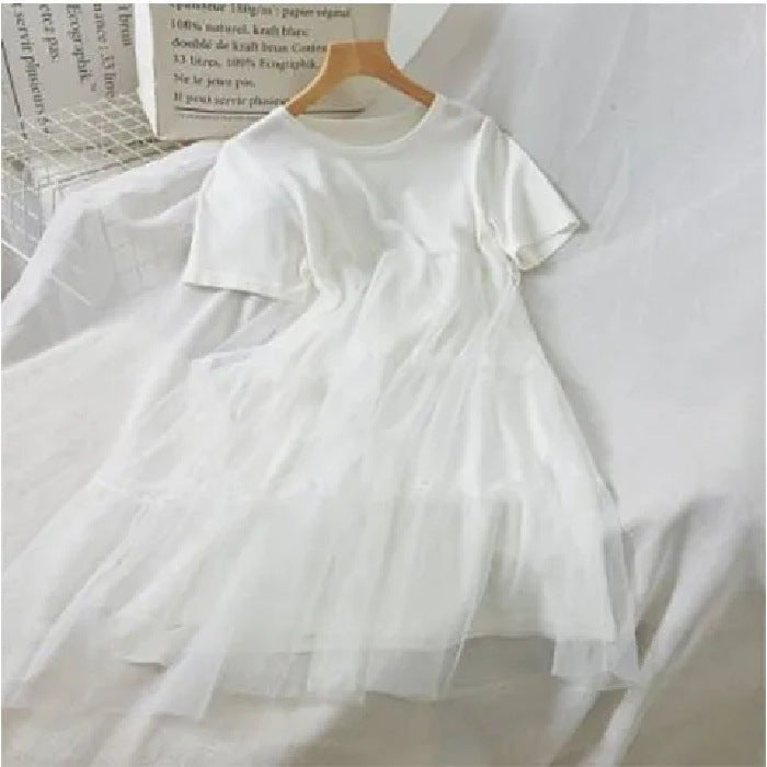 Maternity Summer 2023 New Korean Style Loose Fresh Sweet Stitching Short Sleeve Cake Fairy Dress
