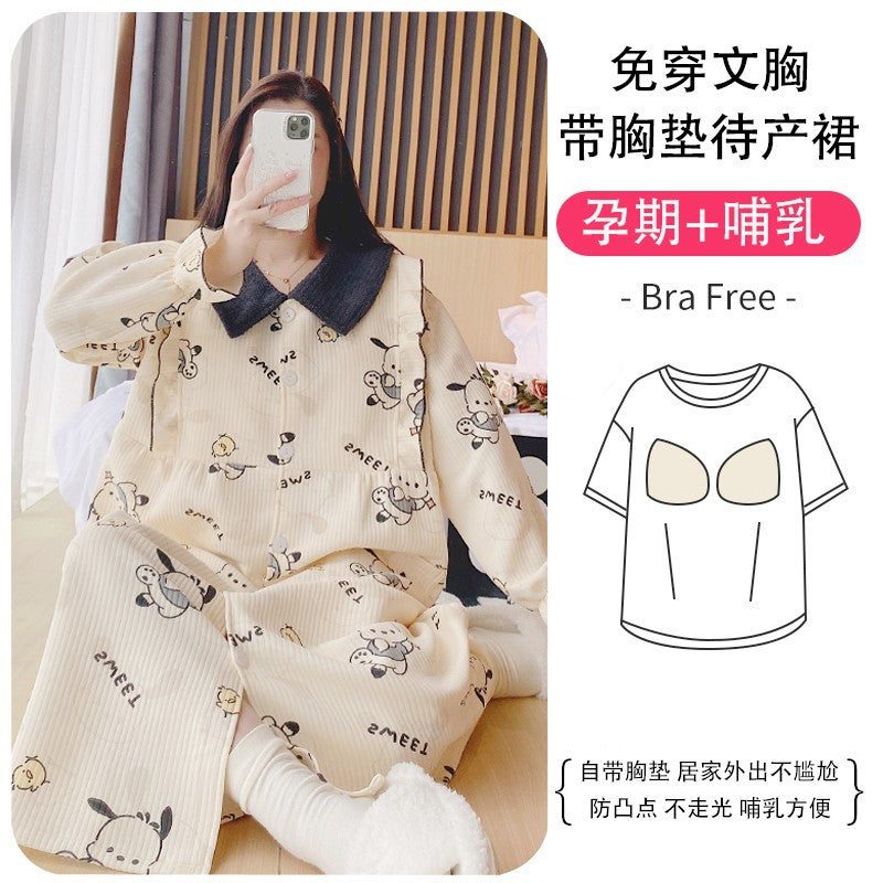 Lunar Clothing Spring and Autumn Air Cotton Thick Postpartum Breastfeeding dress Doll Collar Pregnant Women Pajamas for Outer Wear