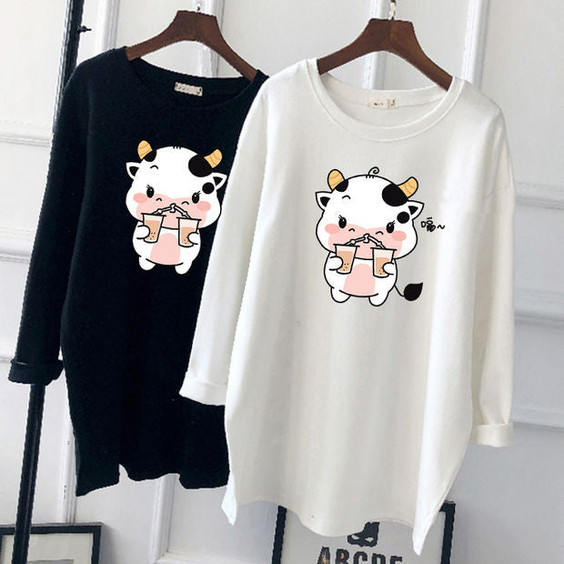 Pregnant Women's Autumn Cotton Top Mid-length Long-sleeved Loose Korean Fashion Trendy Mom's Pregnancy T-shirt Winter Base Shirt