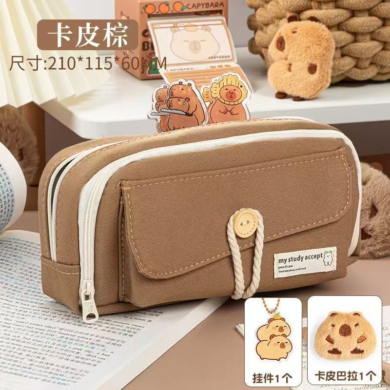 Button Pencil Bag with Good Looks for Girls, Large Capacity, Simple Ins Student Creative Canvas Stationery Bag, Pencil Stationery Box