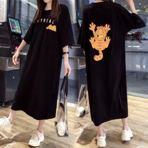 Pregnant Women's Short-sleeved Cartoon T-shirt Skirt Summer Women's Korean-style plus size Loose Long Over-the-knee Pregnant Women's dress