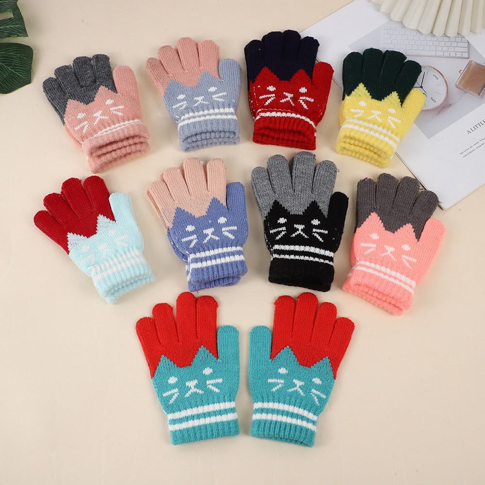 Winter Kidsren's Gloves Are Warm and Velvet to Prevent Cold. Primary School Students Write Boys and Girls Baby Sets Jacquard Gloves Kittens