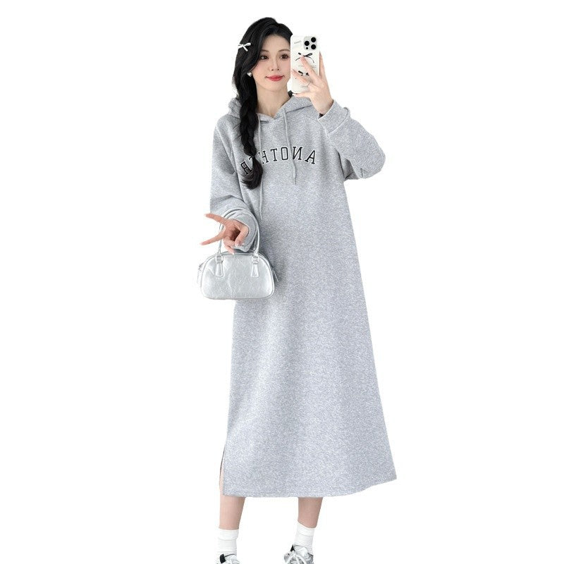 Pregnant Women's Loose Pregnant Women's Fashion Autumn and Winter Loose fleece-lined Thickened Sweat Mid-length dress Autumn and Winter Clothes