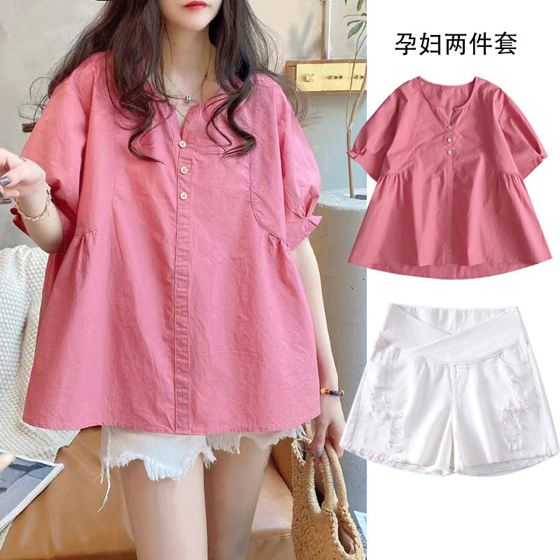 Picture processed summer solid color maternity short sleeve suit shorts suit