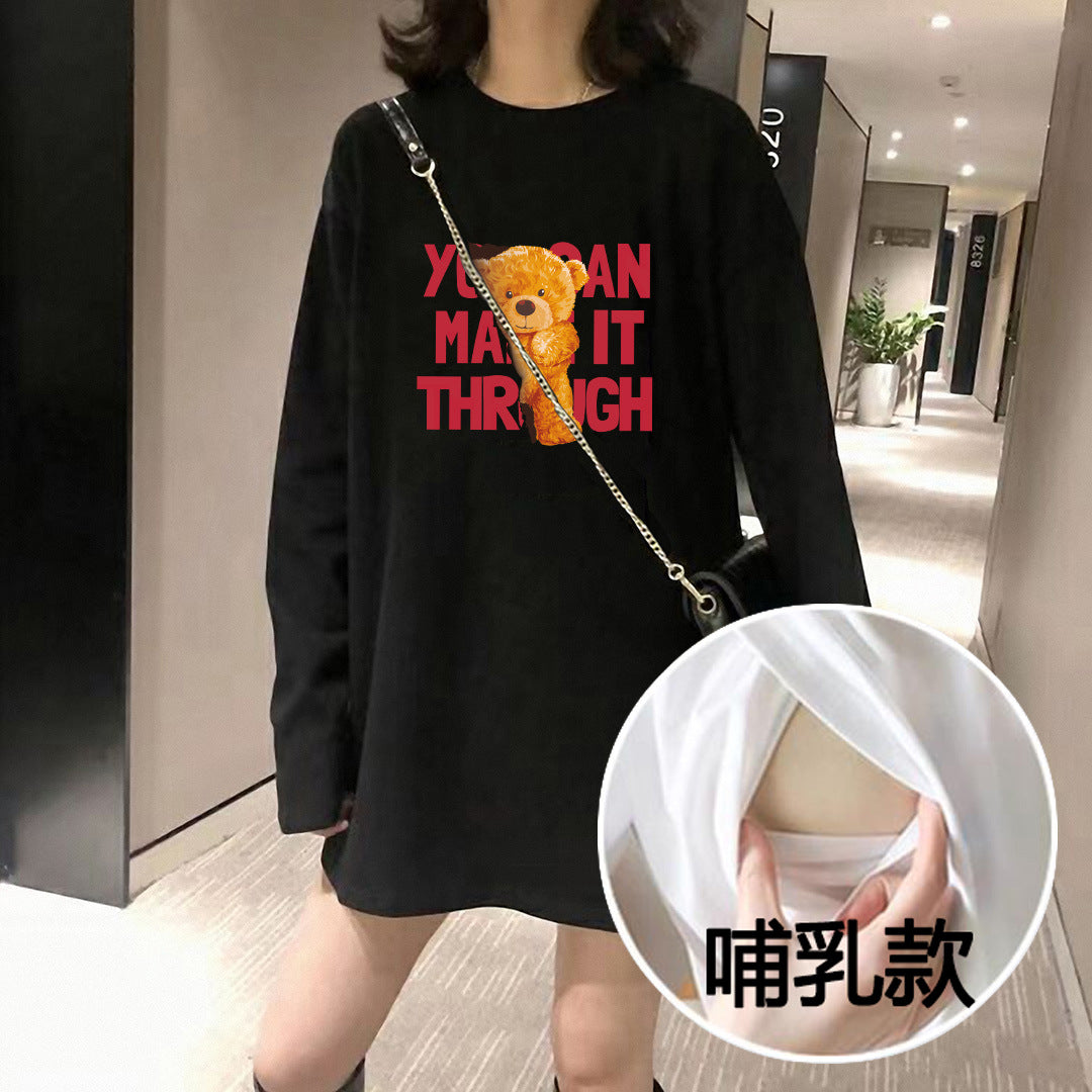 Pregnant Women's Breastfeeding Clothing Autumn and Winter Long Sleeve Mid-length Korean Style Loose plus size Base Shirt Nursing Clothing Outer Wear T-shirt for Women