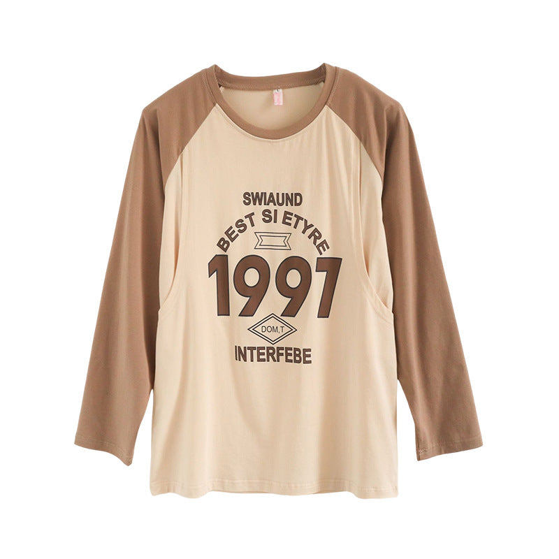 Breastfeeding Top T-Shirt Hot Mom Style Pure Cotton Outer Wear Spring and Autumn Pregnant Women's Long Sleeve Breastfeeding Moon Dress Women's Large Size