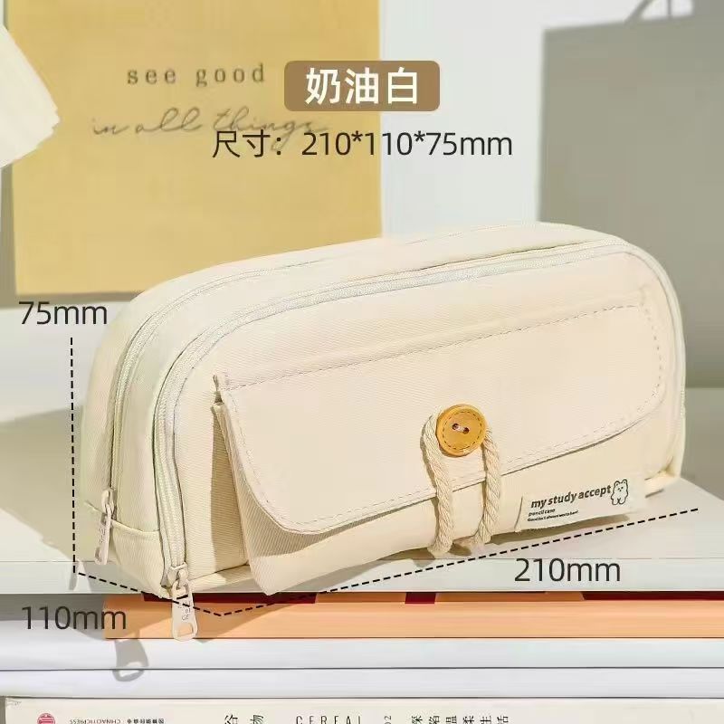 Button Pencil Bag with Good Looks for Girls, Large Capacity, Simple Ins Student Creative Canvas Stationery Bag, Pencil Stationery Box