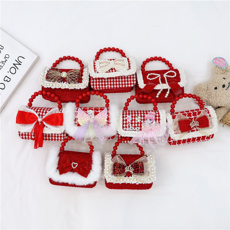 Children's New Year Red Envelope Korean Style Bow Pearl Small Square Bag Princess Shoulder Crossbody Mini Change Accessories Small Bag