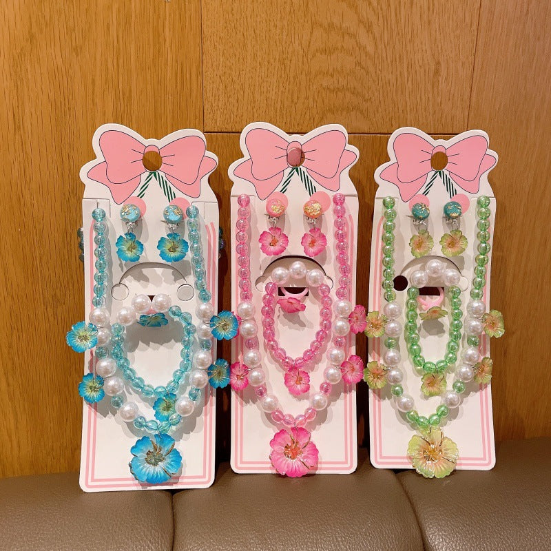 Children's Handmade Pearl Necklace Set with Flowers, Cute and Versatile, Exquisite Little Girl's Ear Clip Bracelet Ring Jewelry