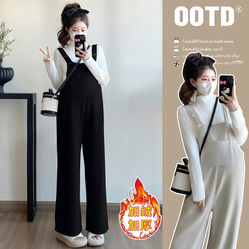 Real shot fleece-lined pregnancy fashion autumn and winter pregnant women's suspenders fleece-lined thickened plus size pregnant women's suit wide leg pants