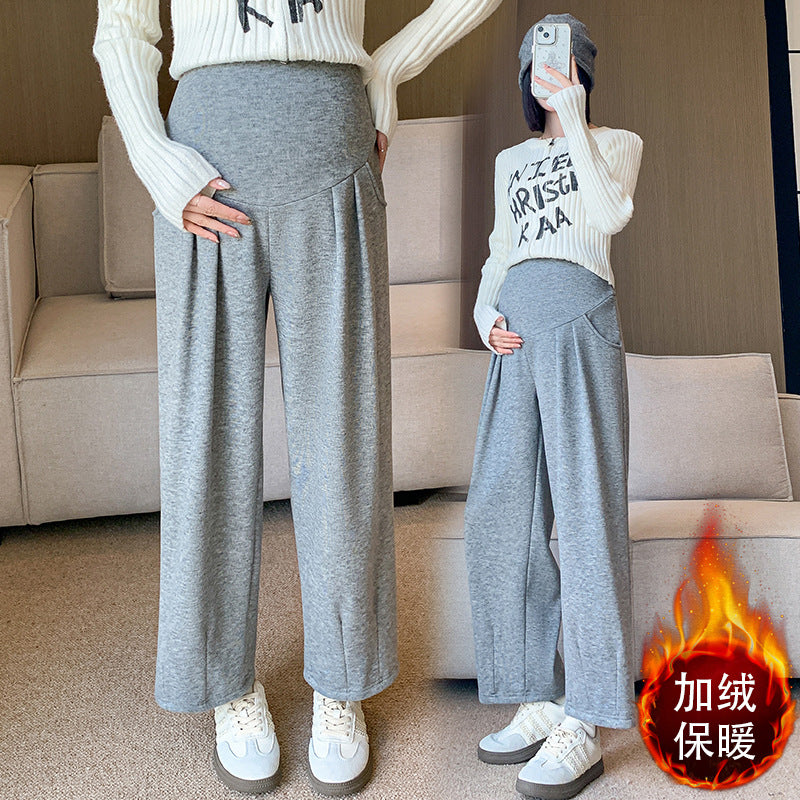 Pregnant Women's Pants Cropped Pants Sticky Rice Pants Autumn and Winter fleece-lined Thickened Loose All-match Wide-leg Pants Sagging Slimming Granny Pants