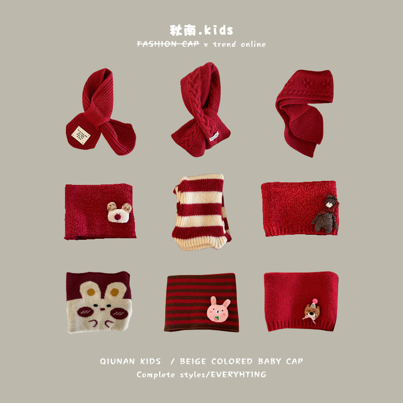 Qiunan Kidsren's Scarf Red New Year's Christmas Festive Warm Knitted Scarf Winter Windproof Neck Cover for Boys and Girls