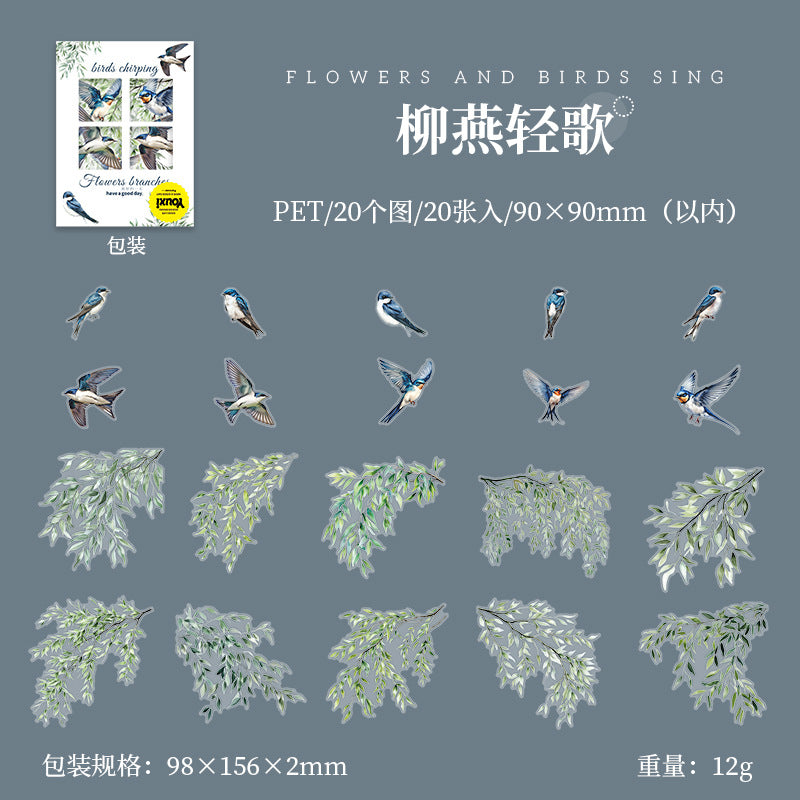 Flowers, Birds, Chirping Leaves, Pet Special-Shaped Sticker Pack, Landscaping Ins Style Bird Handbook Material, Mobile Phone Case Sticker