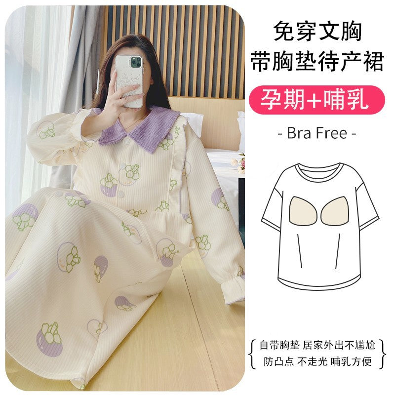 Lunar Clothing Spring and Autumn Air Cotton Thick Postpartum Breastfeeding dress Doll Collar Pregnant Women Pajamas for Outer Wear