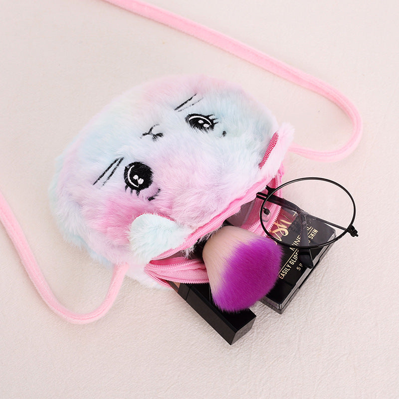 Children's Cat Plush Crossbody Bag Girl's Heart Cute All-match Cartoon Shoulder Crossbody Bag Double Zipper Coin Purse