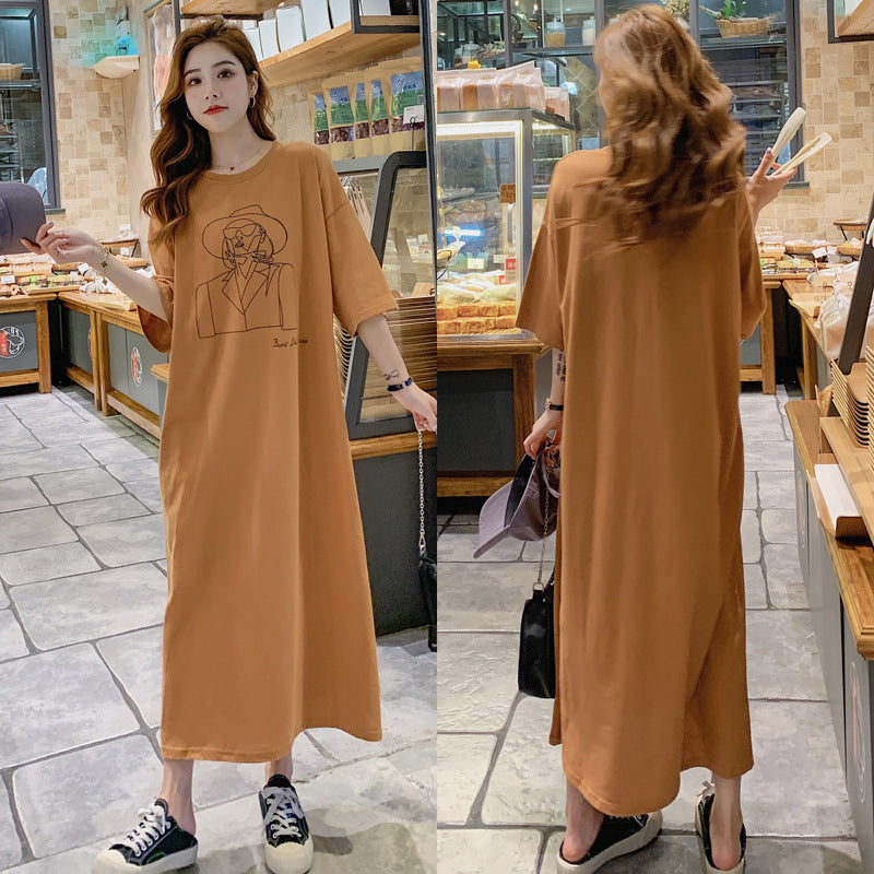 Maternity Summer New Korean Loose Long dress Western Style Over-the-knee T-shirt chubby girl Base Dress
