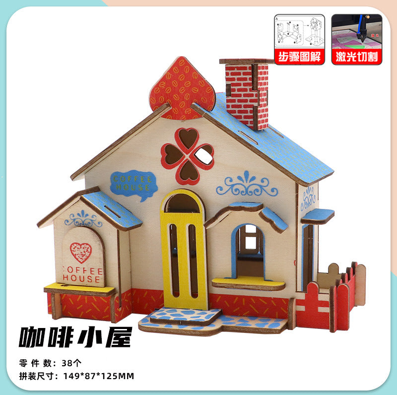 Wooden Reasons Children's Girls Assembled Handmade Ornaments diy Assembled Cabin Model Building Blocks Head Small House Puzzle