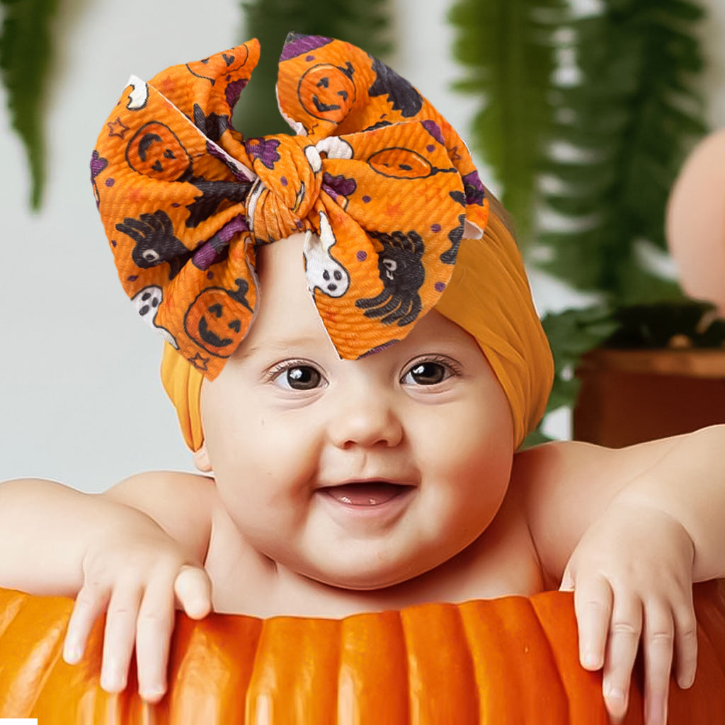 European and American New Halloween Children's Hair Band Pumpkin Head Printed Bow Baby Hair Accessories Baby Headscarf