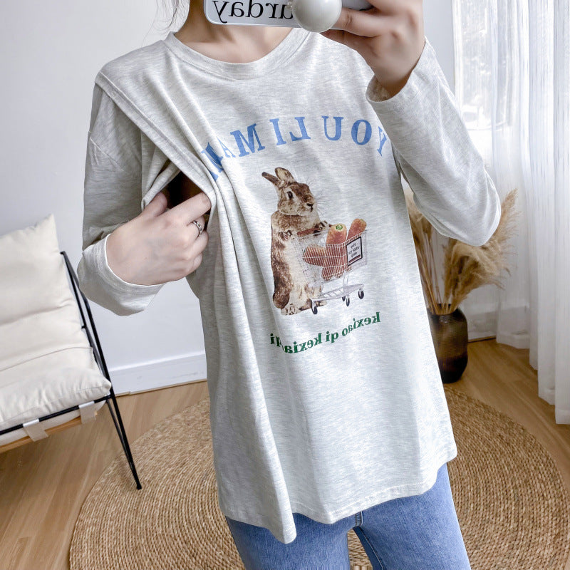 Pregnant Women's Postpartum Breastfeeding Jacket Outer Wear Moon Clothes Long Sleeve Thin T-Shirt Hot Mom's Spring and Autumn Clothes for Breastfeeding Period