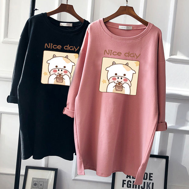 Pregnant Women's Autumn Cotton Top Mid-length Long-sleeved Loose Korean Fashion Trendy Mom's Pregnancy T-shirt Winter Base Shirt